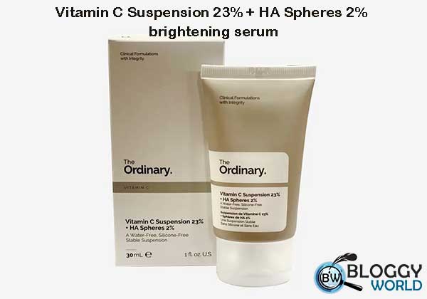 Vitamin C Suspension 23% in HA Spheresby the ordinary contain vitamin C and hyaluronic acid good for aging, brightning, and even skin tone. image presented by bloggy world