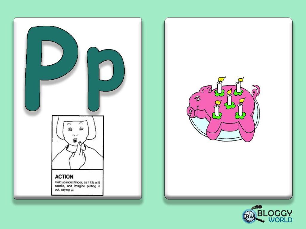 jolly phonics group 1 flash card of letter p with picture and action image presented by Bloggy world