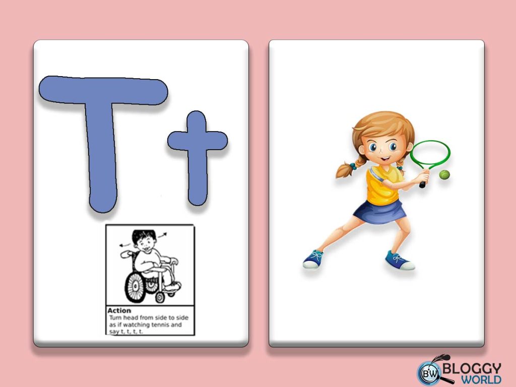 jolly phonics group 1 flash card of letter t with picture and action image presented by Bloggy world