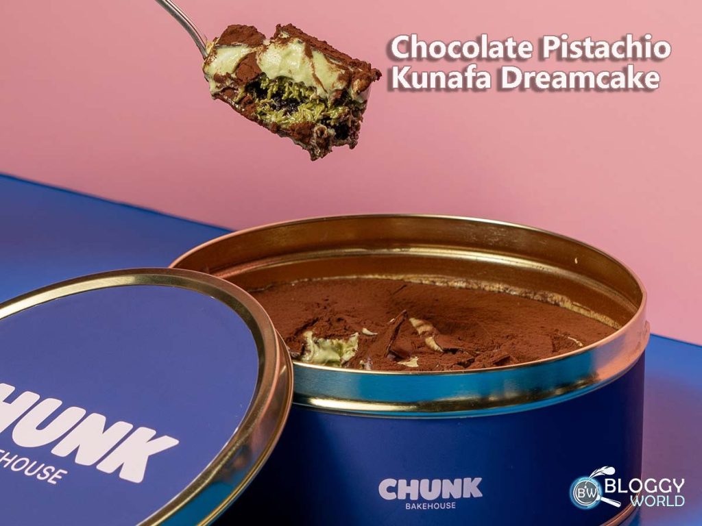 chocolate pistachio kunafa dreamcake by chunk bake house viral dessert of dubai uae cake in tin image presented by bloggy world