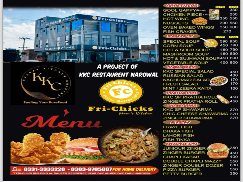 fri chicks menu fc kkc menu in narowal most popular fast food and desi food restaurant near you in narowal image presented by bloggyworld.com
