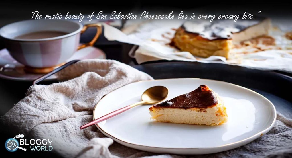 a slice of la vina san sebastian cheesecake with cup of tea best cheesecake all over the world image presented by bloggyworld.com