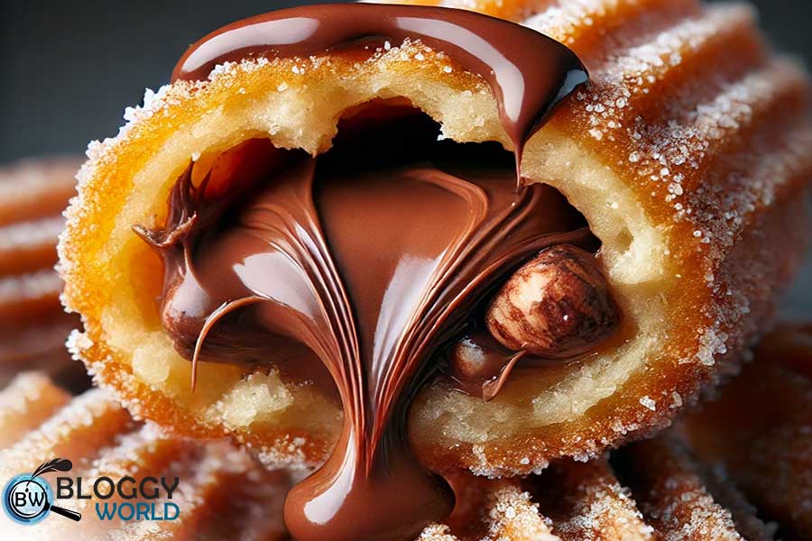 Nutella-stuffed churros oozing rich hazelnut chocolate coated with sugar, a kids' favorite dessert.