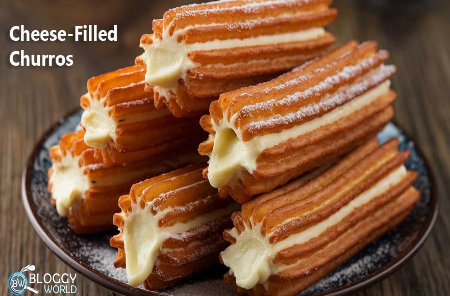 Golden churros filled with melted cheese dusted with sugar