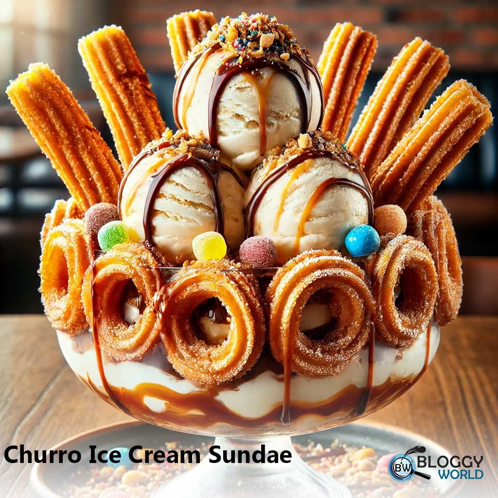 Churros topped with scoops of ice cream, chocolate and caramel sauce, garnished with nuts and colorful sprinkles.