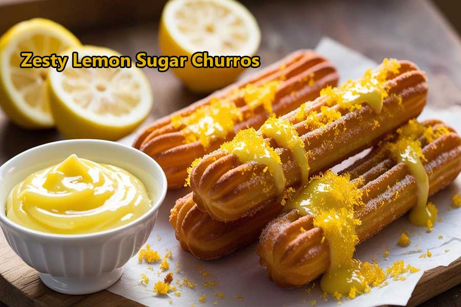 Golden churros coated in lemon sugar, served with lemon curd dipping sauce and fresh lemons.
