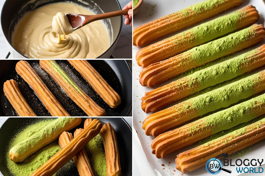 step by step process of make matcha green tea churros recipe