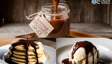 image shows use of homemade chocolate sauce on pancakes ice cream and on many other dessert