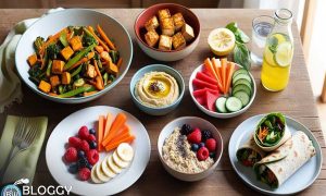 kitchen table with a colorful layout of healthy diet foods — include a bowl of mixed vegetable stir-fry, grilled tofu, a plate of hummus with carrot and cucumber sticks, fresh fruit salad, a bowl of oatmeal topped with banana and flaxseeds, a bottle of infused lemon water, and a whole grain wrap filled with lean protein and greens.