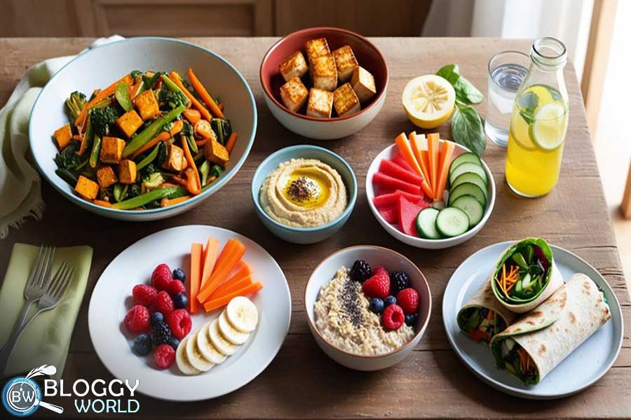 kitchen table with a colorful layout of healthy diet foods — include a bowl of mixed vegetable stir-fry, grilled tofu, a plate of hummus with carrot and cucumber sticks, fresh fruit salad, a bowl of oatmeal topped with banana and flaxseeds, a bottle of infused lemon water, and a whole grain wrap filled with lean protein and greens.
