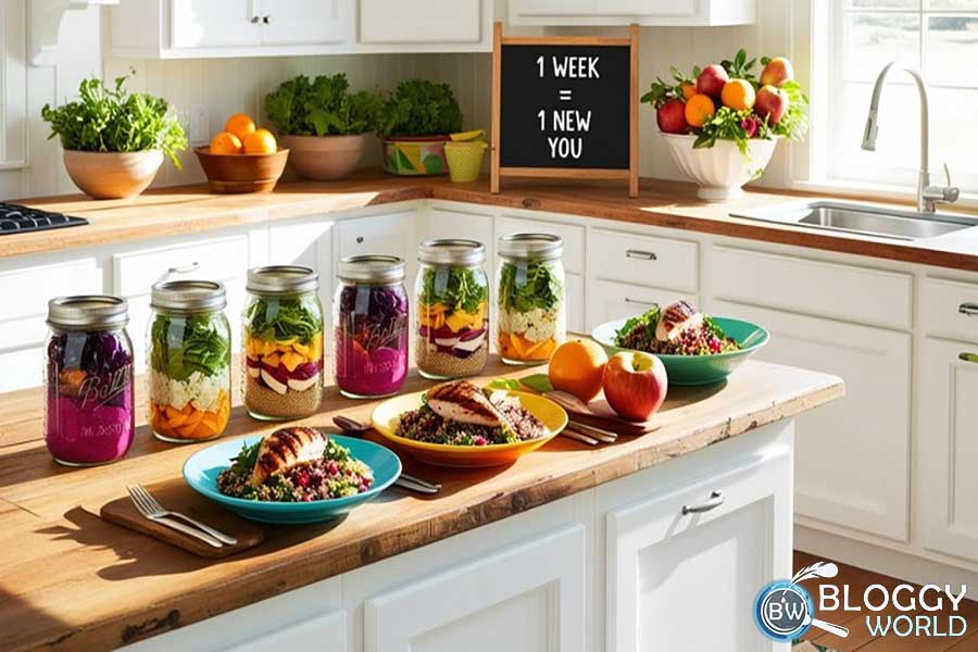 Kitchen table with jars filled with simple weight loss diet plan meals for one week