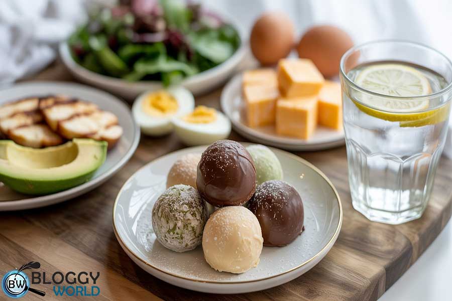 image show fat bombs and weight lodd keto diet food which is low carb food avocado, cheese, lemon water, and fat bombs