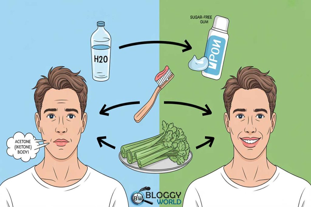 Illustration of a man with bad breath (keto breath) on the left, indicated by a speech bubble saying "Acetone (Ketone Body)." Arrows point to remedies: water, sugar-free gum, celery, and brushing teeth, leading to a smiling man on the right. The background is split into blue and green. Tone is informative and helpful.