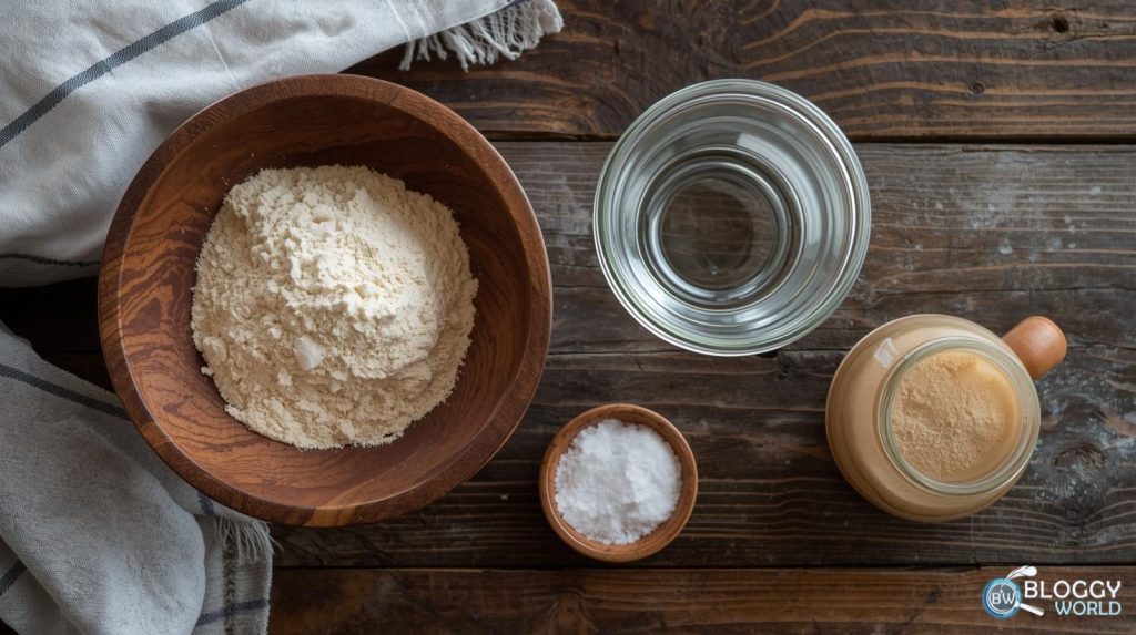 all ingredients like flour water salt and starter that need to make sourdough