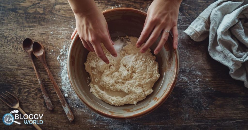 Mixing sourdough ingredients in a large ceramic bowl, hands combining flour, water, active starter, and salt, flour dust rising slightly in the air.