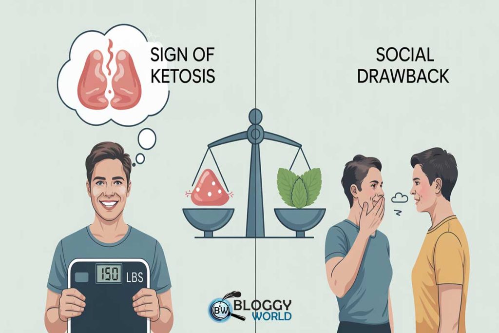image shows two picture one is the picture of weight loss by use keto diet and second show social drwaback of keto diet which is keto breath or bad breath