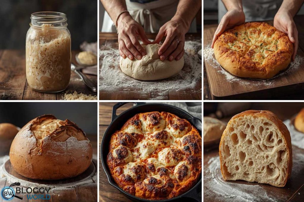 collage of all steps to make homemade pizza by following secret tips to make best pizza, from starter to pizzeria style pizza with secret tips to make best pizza