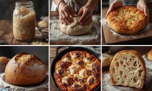 collage of all steps to make homemade pizza by following secret tips to make best pizza, from starter to pizzeria style pizza with secret tips to make best pizza
