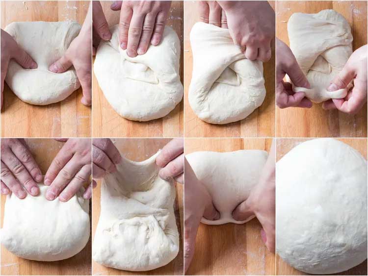A collage of eight images shows tips of hands kneading dough on a wooden surface, demonstrating folding and stretching techniques for bread making