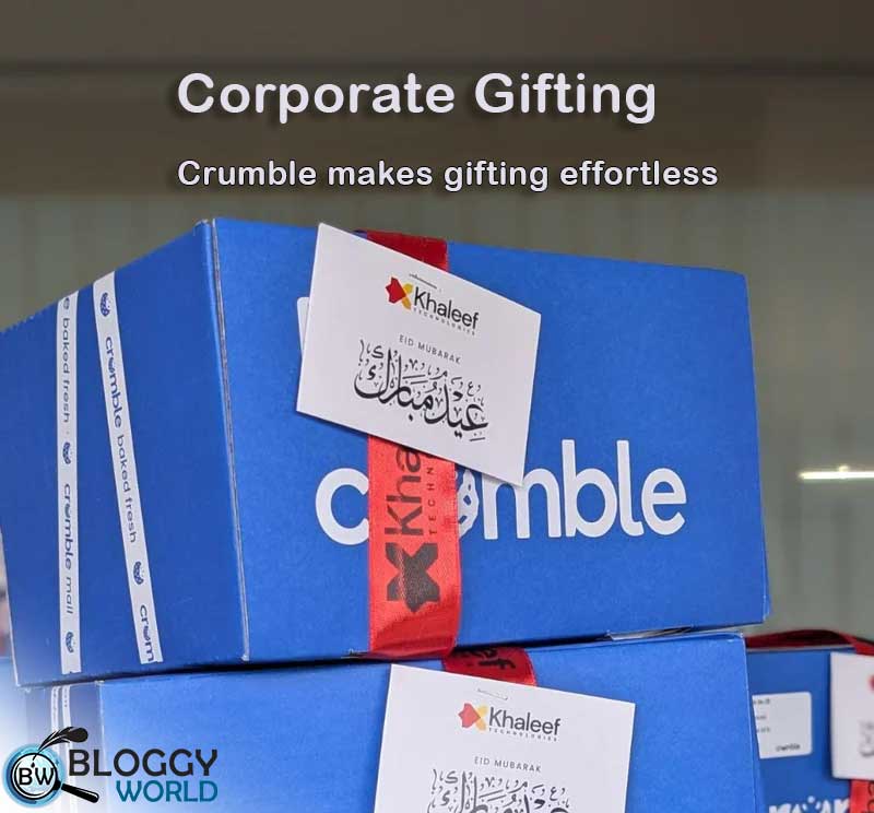 corporate gifting services by "Crumble," showcasing blue gift boxes tied with red ribbons and Eid Mubarak tags.