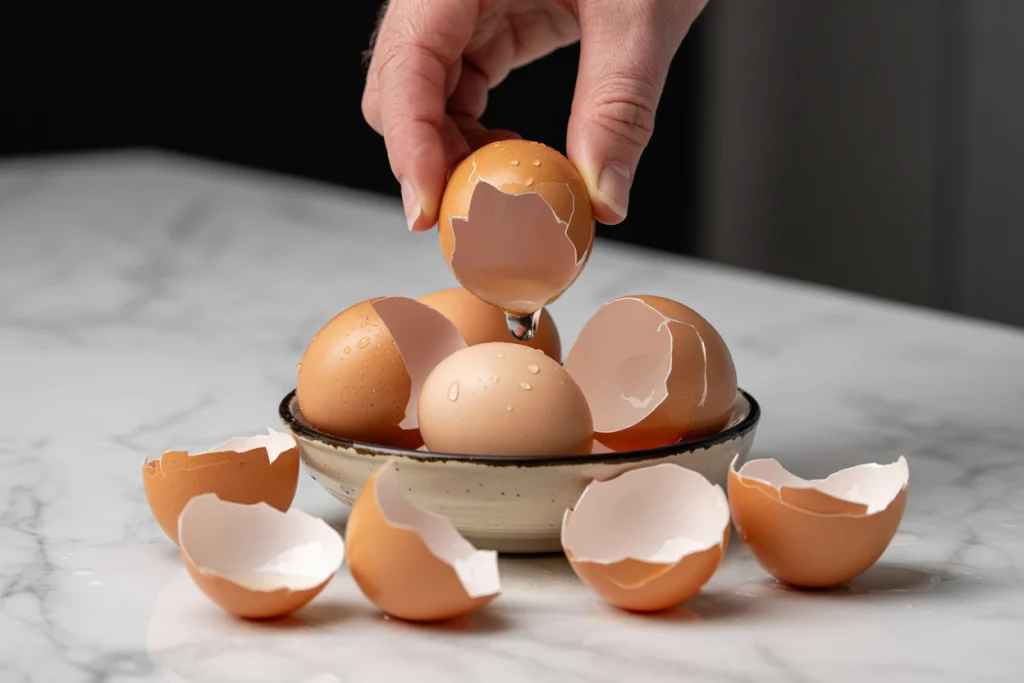 A small bowl filled with empty chicken eggshells.